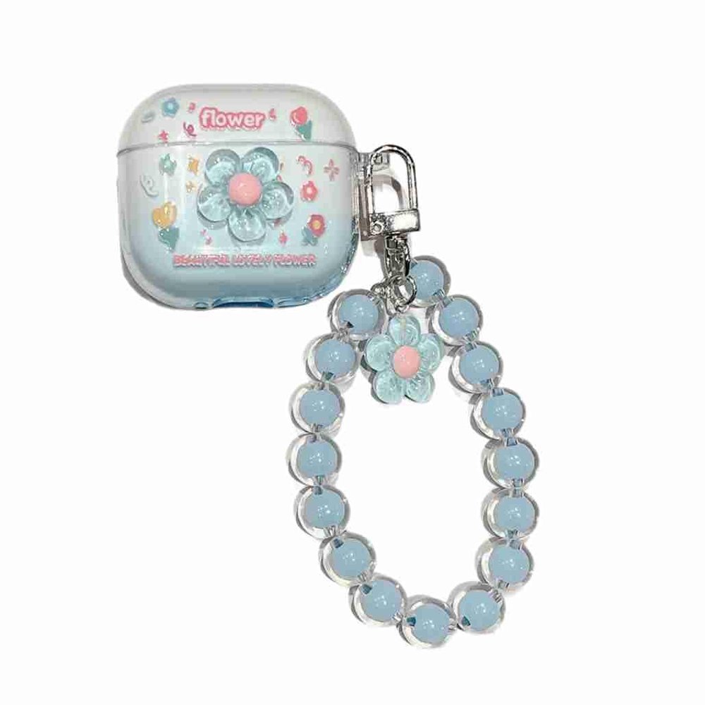 Lovely Clear Light Blue Flower Pattern Case for AirPods 3rd Generation 2021, Shock-Absorbing Case Cover with Pendant Accessories for Women Men