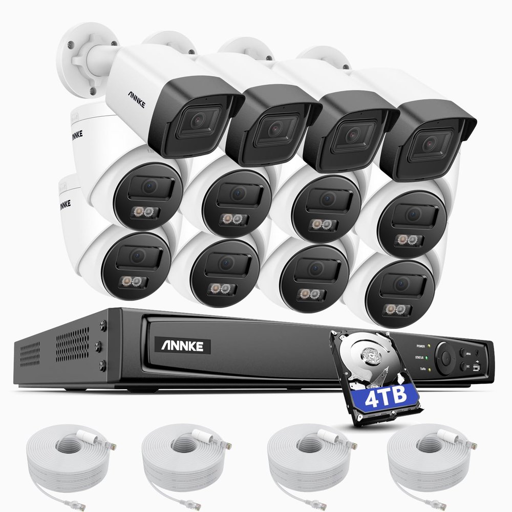 ANNKE 16CH PoE Security Camera System, 12MP H.265+ NVR with 4TB HDD, 8X 4K/8MP IP Wired Cams with Spotlight Color Night Vision, Built-in Mic, 4X 5MP/3K Bullet IP Cams, AI Motion Detection