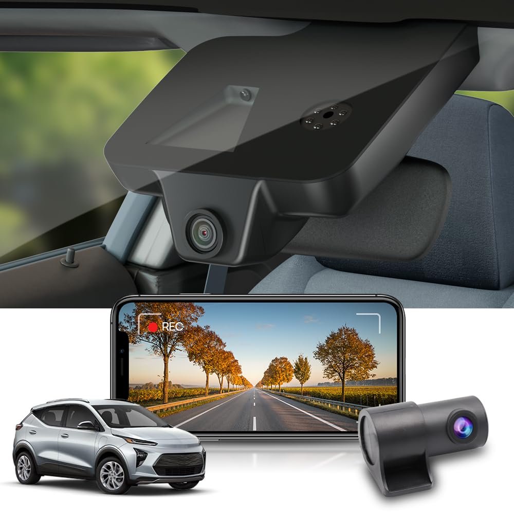 Fitcamx Front 2K+Rear 1080P Dash Cam Adapts for Chevy Bolt EV & EUV LT Premier 1LT 2LT 2022-2024 has Auto-Dimming (HD2-8155), OEM Style, Dual Loop Recording, WiFi&APP, G-Sensor, Easy to Set, 64GB Card