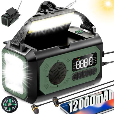 44400mWh/12000mAh Emergency Radio, Hand Crank Portable Solar Radio AM/FM/NOAA Weather Radio with 2 Solar Panels,3 Charging Methods,SOS Alarm,Flashlight,Phone Charger,Compass,Reading Lamp
