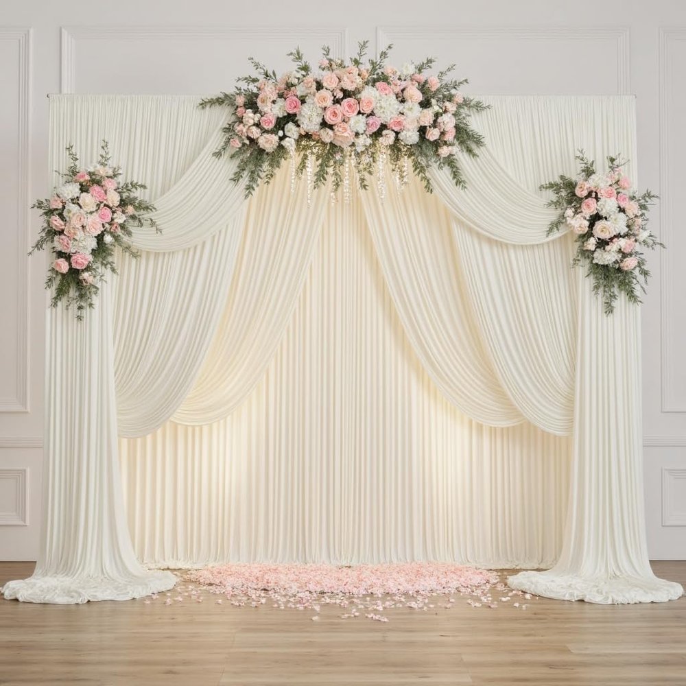 20ftx14FT Wrinkle Free Ivory Backdrop Curtain, 4 Panels 14FT Height Ivory Wedding Backdrop Drapes, Silky Polyester Back Drop Cloth for Birthday Photography Background Party Backdrop Draping