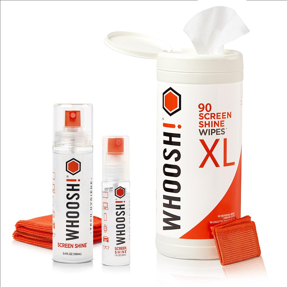 WHOOSH! Screen Cleaner Spray & Wipes Bundle | 3.4 & 1 fl oz + 2 Microfiber Cloths (6x6) + 90 Count Electronics Wipes + 1 Microsuede Cloth (6x6)