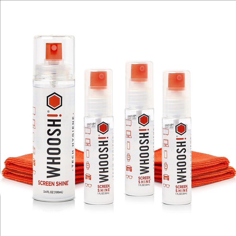 WHOOSH! Screen Cleaner Spray & Microfiber Cloths Bundle | 3.4 & 3X 1 fl oz + 4 Microfiber Cloths (6x6)