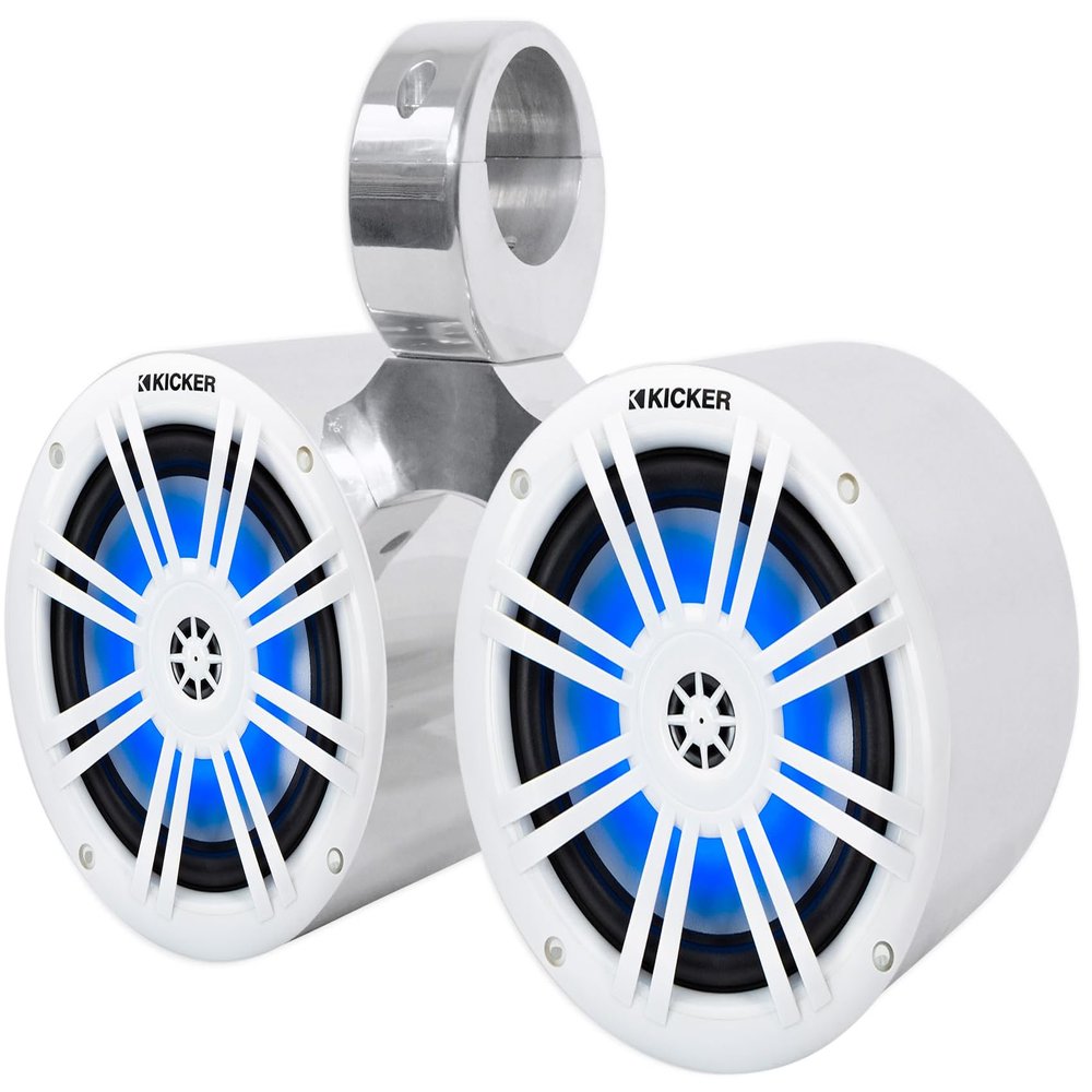 Audiosavings Bundle: (2) Kicker 51KM604WL KM60 6.5" 50w Marine Boat Speakers White with Rockville DMAC65S Dual 6.5" Polished Silver Aluminum Wakeboard Tower Speaker Enclosure (2 Items)