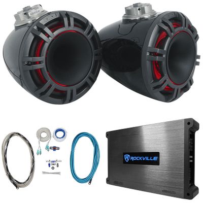 Audiosavings Bundle: Pair Kicker 47KMFC9 9" Marine Boat Flat Mount Tower Speakers Bundle with Rockville DBM25 Marine Amplifier & Rockville RMWK4 Marine Amplifier Install Wire Kit (3 Items)