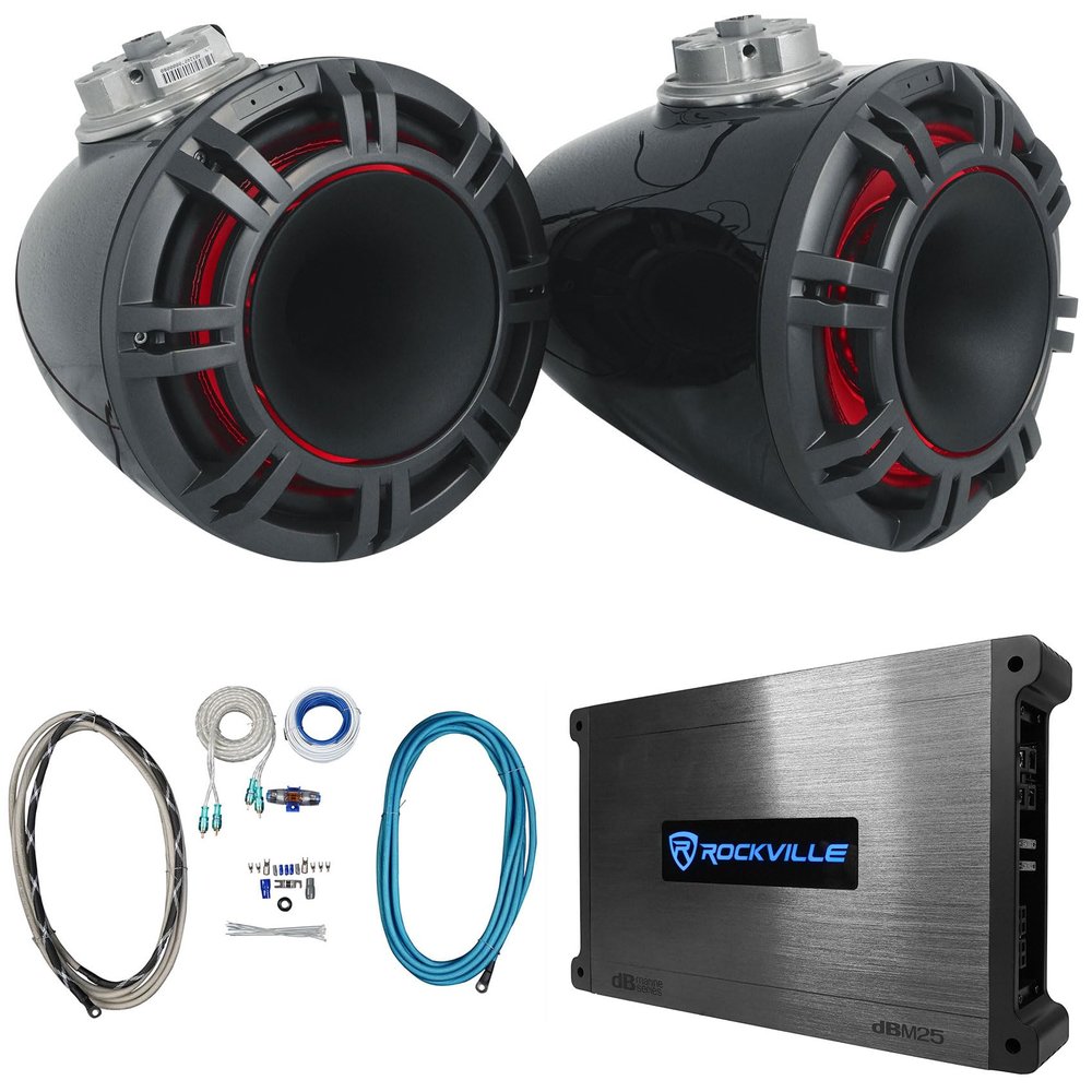 Audiosavings Bundle: Pair Kicker 47KMFC9 9" Marine Boat Flat Mount Tower Speakers Bundle with Rockville DBM25 Marine Amplifier & Rockville RMWK4 Marine Amplifier Install Wire Kit (3 Items)