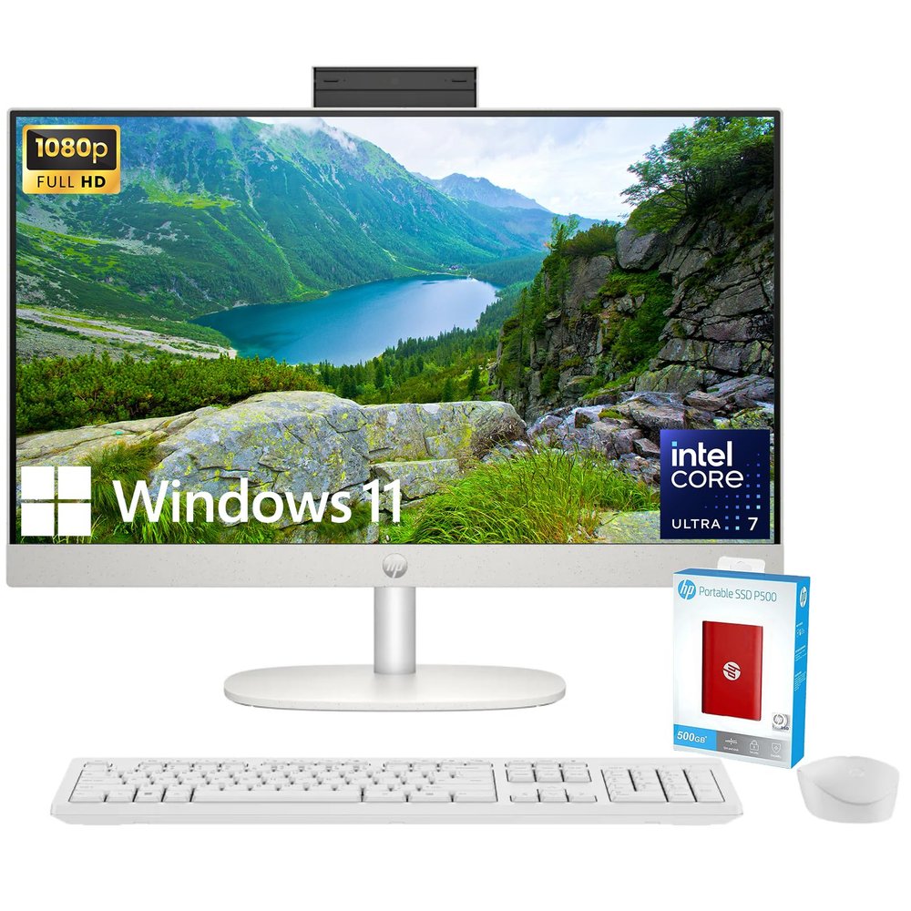 HP 27" All-in-One Desktop Computer, FHD IPS Display, 12-core Intel Core Ultra 7-155U Processor, 64GB DDR5, 2TB SSD, Wi-Fi 6, HDMI, Wireless KB&Mouse, Windows 11 Home, + 500G P500 Portable SSD