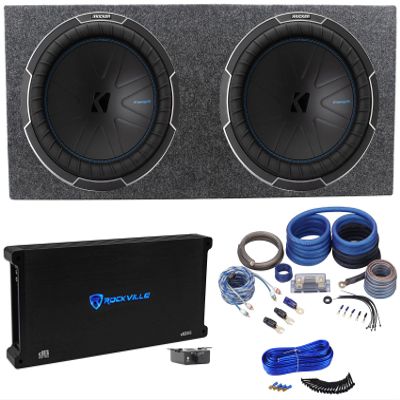 Audiosavings Bundle: (2) Kicker Car Stereo Subwoofer Bundle with Rockville Mono Amplifier & Amp Wire Kit & Enclosure Sub Box & Enclosure Installation Kit (6 Items)