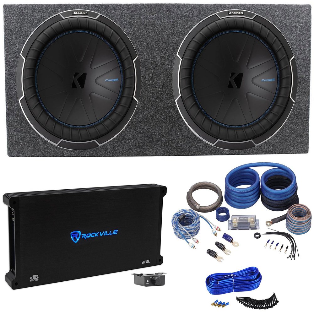 Audiosavings Bundle: (2) Kicker Car Stereo Subwoofer Bundle with Rockville Mono Amplifier & Amp Wire Kit & Enclosure Sub Box & Enclosure Installation Kit (6 Items)