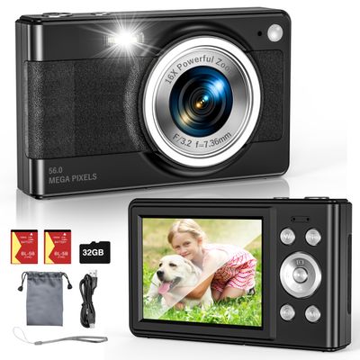 Upgrade Digital Camera, 56MP FHD 1080P for Kids with 16x Zoom Anti Shake, 32GB TF Card, Two Batteries, Lanyard, Compact Small for Boys Girls Black