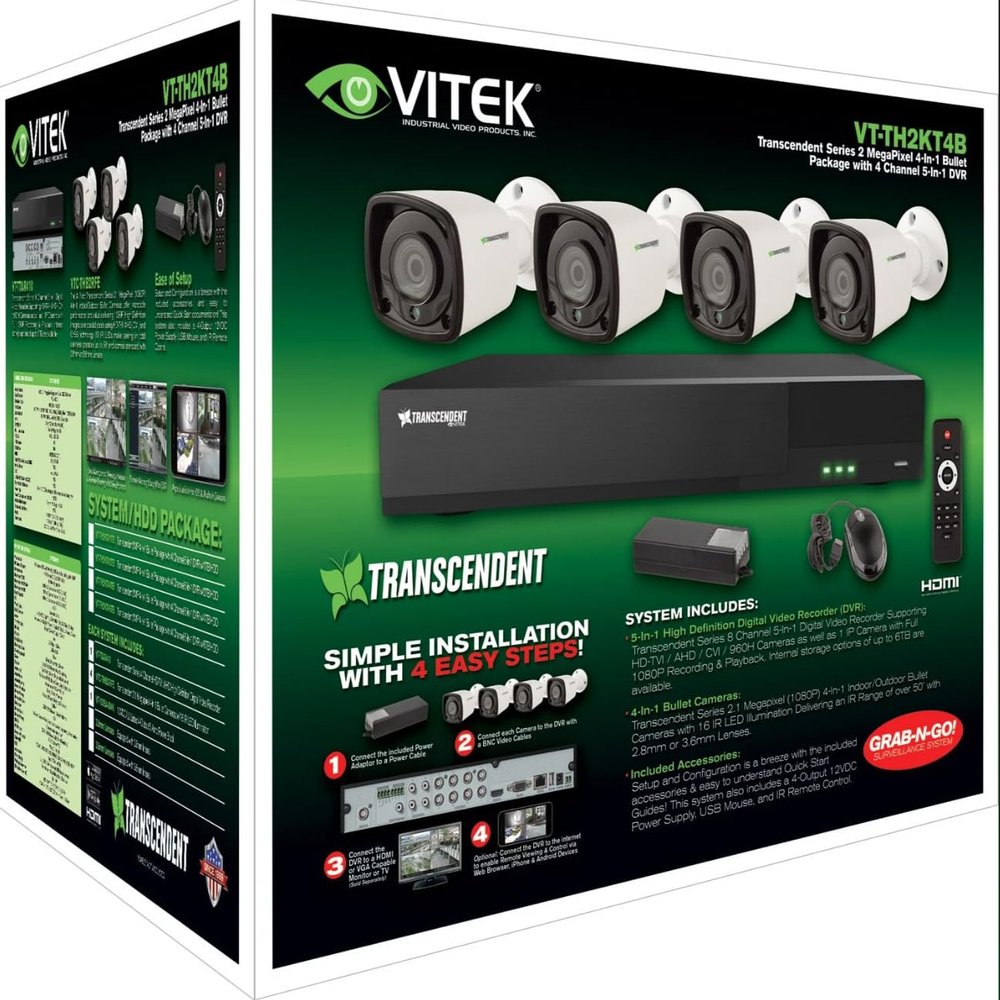 Vitek VT-TH2KT42TB-2-4 Channel 1080P 4-in-1 DVR, 2TB, 4 X 2MP Bullet Cameras, 2.8mm Lens