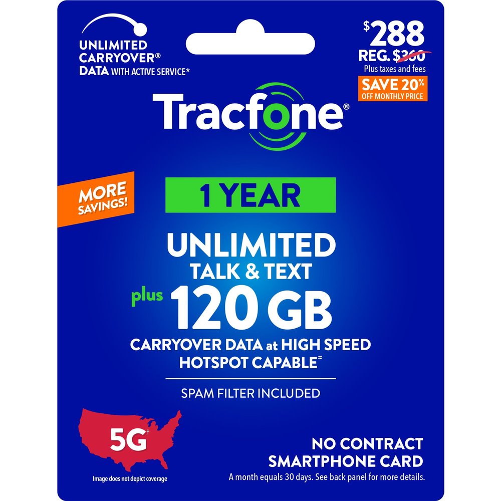Tracfone $288 Unlimited Talk & Text, 120 GB of Data / 365 Days (Physical Card)
