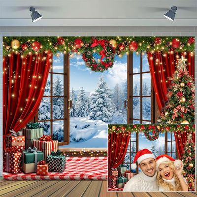 10x8ft Christmas Photography Backdrop Winter Christmas Wooden Window Decoration Kids Photography Backdrop Farmhouse Snow Pine Tree Party Decor Photo Backdrops Cabin Xmas Photo Booth Props Background