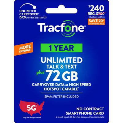 Tracfone $240 Unlimited Talk & Text, 72 GB of Data / 365 Days (Physical Card)