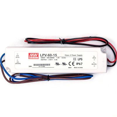 LPV-60-15 15V 4A 60W Single Output Switching Power Supply, Universal AC Input, IP67 Rated, Class II Design, for LED Lighting, Signage, Industrial Applications