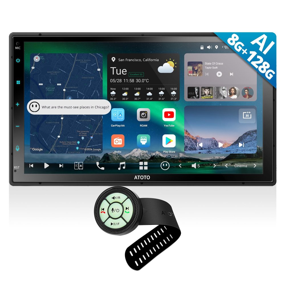 ATOTOZONE AC-44F60 Watchband Style Multifunctional Wireless Remote,for X10G2B7E,7inch Double Din Android Car Stereo, Talk to ChatGPT AI, 4G LTE, Wireless Carplay & Android Auto,8G+128G