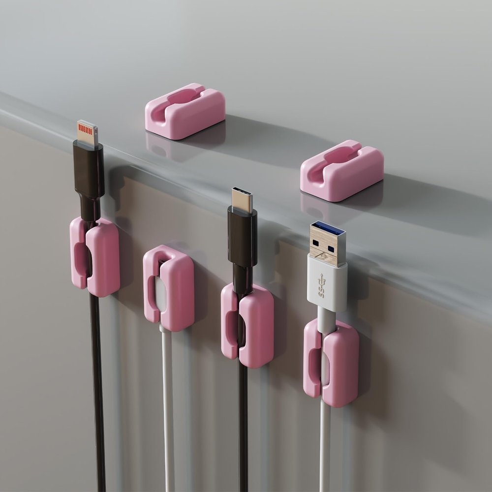 6 Pack Pink Magnetic Cable Clips, Silicone Cable Management Under Desk with Magnetic Base for Iron Things, Phone Charger Cord Holder for Nightstand, Desk, Car, Wall
