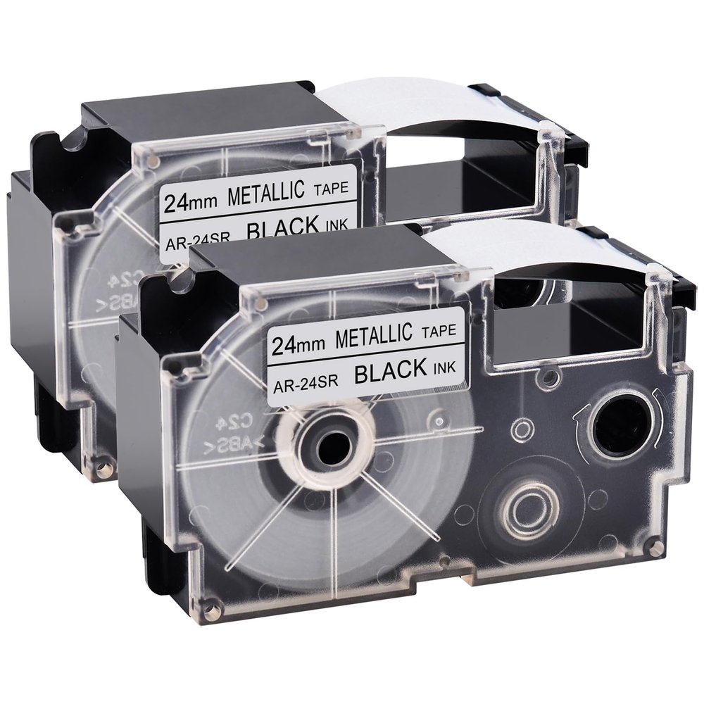 GREENCYCLE 2PK Compatible for XR-24SR XR-24SR2S AR-24SR 24mm 1" EZ Black on Silver Label Maker Tape for CWL300 KL-430 KL-820 KL-7000 KL-7200 KL-8100 KL-8200 KL-C500 Label Printer