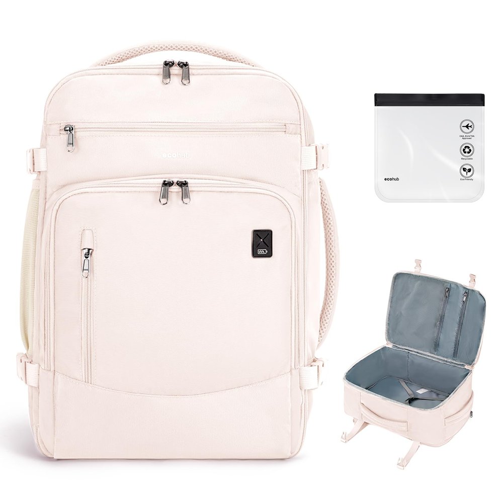 ECOHUB Travel Backpack for Women, 18x14x8 Spirit Airlines Personal Item Bag with Clear Toiletry Bag, Laptop Carry on Backpack with USB Port, Airline Approved Under Seat 14 Pockets 30L, Beige