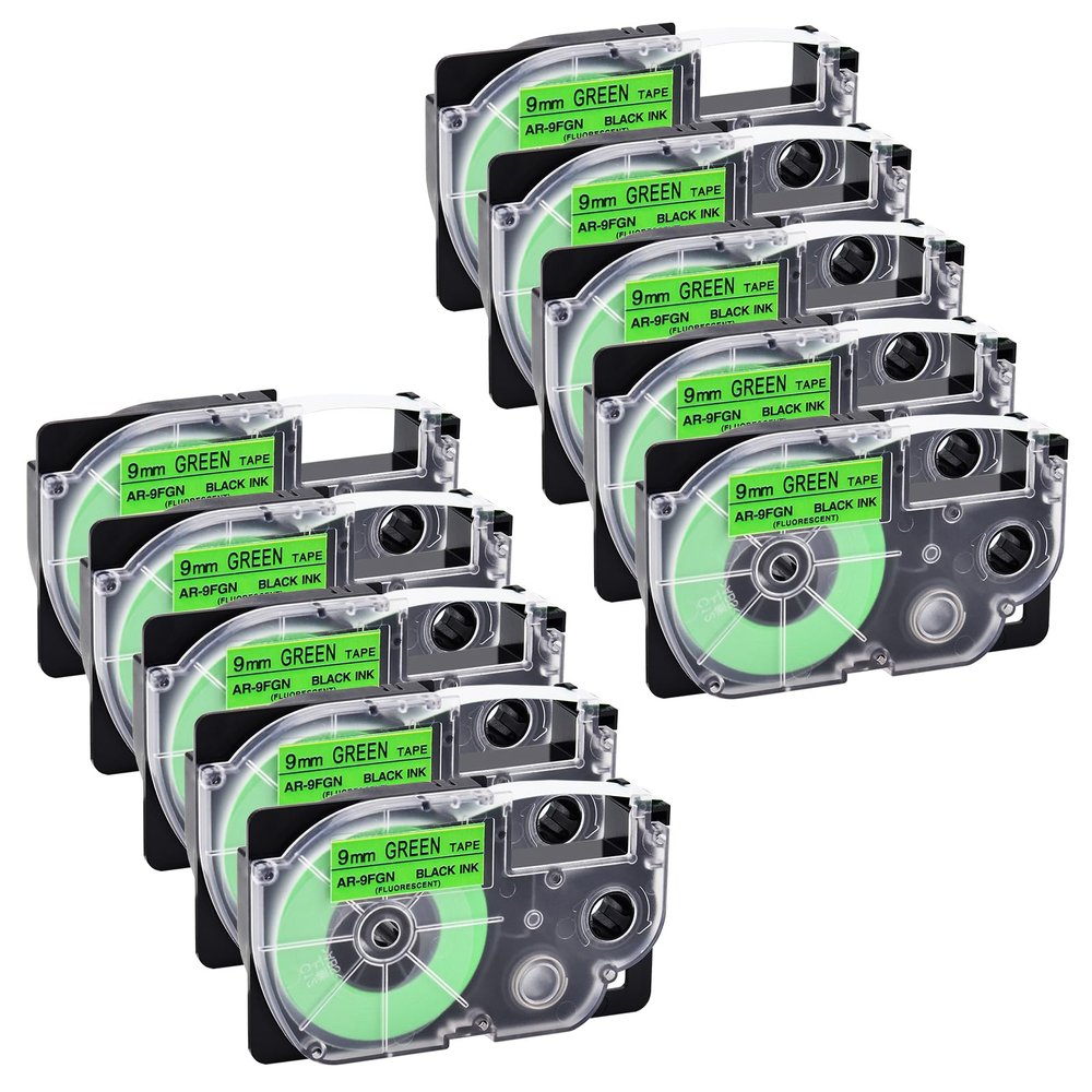 GREENCYCLE 10PK Compatible for XR-9FGN XR-9FGN2S AR9FGN AR9FGN2S 9mm 0.35" Black on Fluorescent Green Label Maker Tape for KL-7200 KL-HD1 KL-1500 KL-2000 KL-P1000
