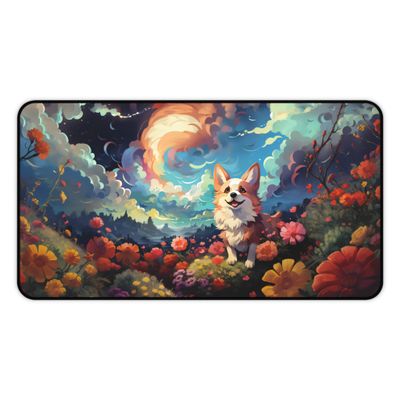 Cute corgi in the meadow Gaming Mouse Pad, Rainbowcore office desk mat (Medium)