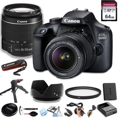 Canon 3000D(EOS Rebel T100) DSLR Camera w/EF-S 18-55mm F/3.5-5.6 Zoom Lens + 64GB Memory Card, Hood, Grip-Pod, Filter, Professional Photo Bundle(22pc), CANON EOS 3000D (Renewed)