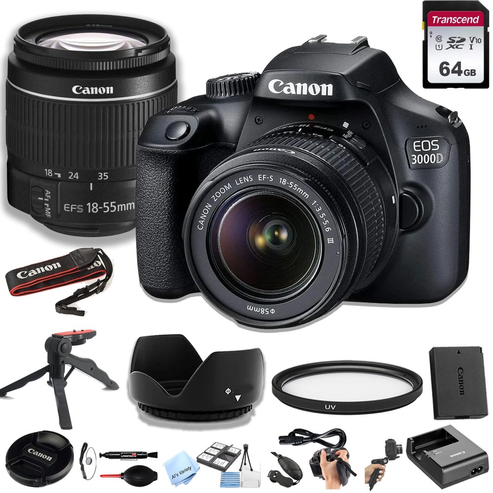 Canon 3000D(EOS Rebel T100) DSLR Camera w/EF-S 18-55mm F/3.5-5.6 Zoom Lens + 64GB Memory Card, Hood, Grip-Pod, Filter, Professional Photo Bundle(22pc), CANON EOS 3000D (Renewed)