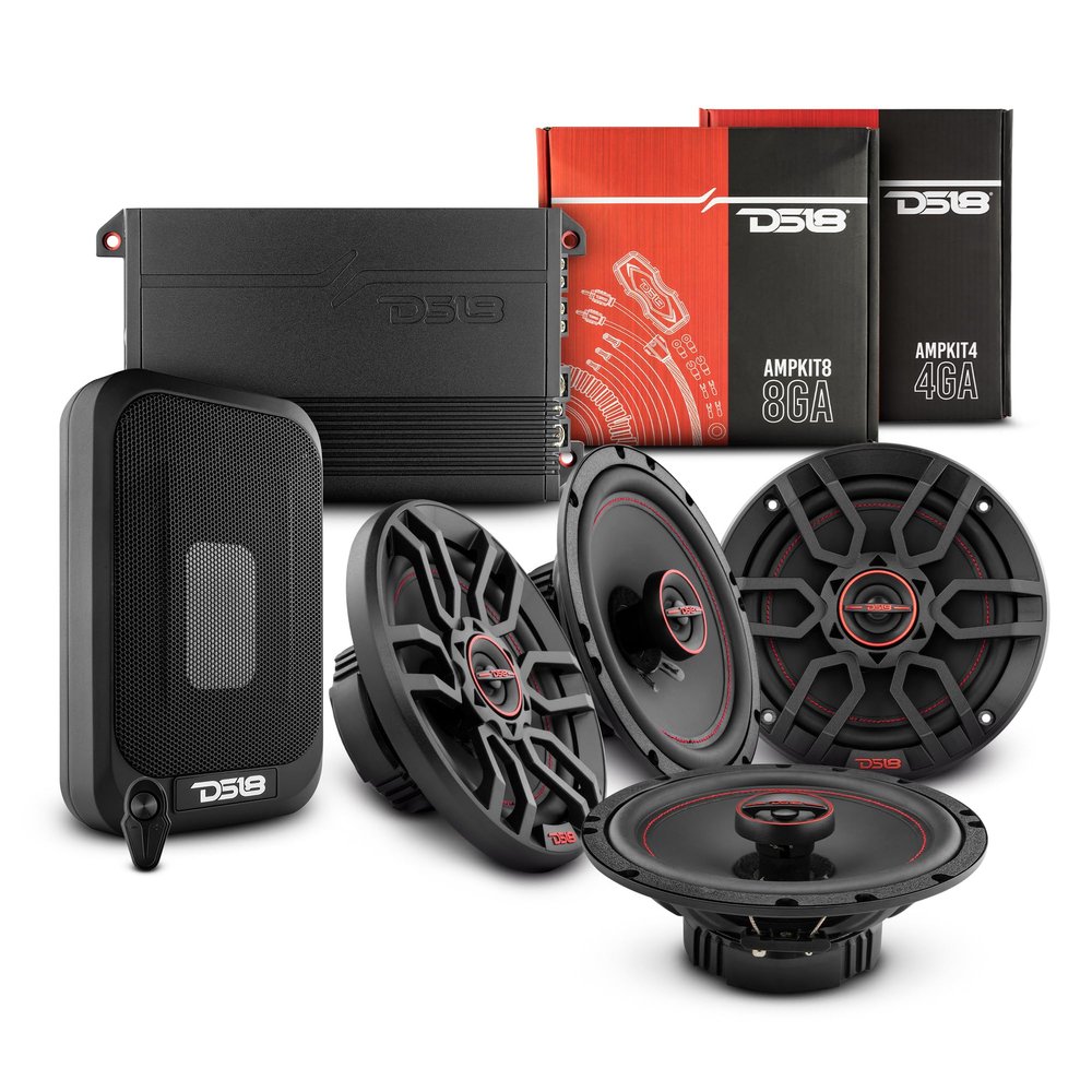 DS18 Complete Car Sound Upgrade - 4X Coaxial Speakers with Under Seat Subwoofer and Amplifier for Immersive Audio