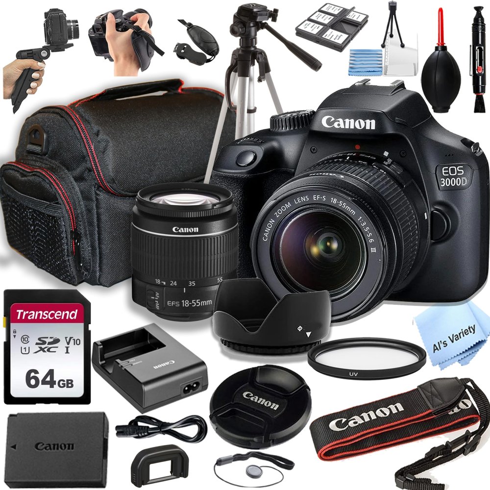 Canon 3000D(EOS Rebel T100) DSLR Camera w/EF-S 18-55mm F/3.5-5.6 Zoom Lens + 64GB Memory Card, Case, Hood, Tripod, Grip-Pod, Filter, Professional Photo Bundle(24pc), CANON EOS 3000D (Renewed)