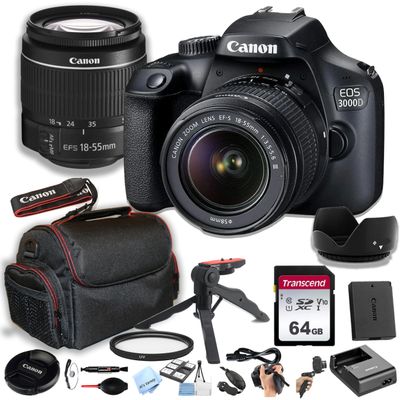 Canon 3000D(EOS Rebel T100) DSLR Camera w/EF-S 18-55mm F/3.5-5.6 Zoom Lens + 64GB Memory Card, Case, Hood, Grip-Pod, Filter, Professional Photo Bundle(23pc), CANON EOS 3000D (Renewed)