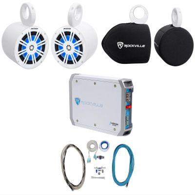 Audiosavings Bundle: (2) Kicker 51KM604WL Marine Speakers Bundle with (2) Rockville MAC65W Speaker Pod Enclosures & RMWK4 Marine Amp Wiring kit, (2) RWBC Neoprene Covers, RXM-T1 Marine Amp (8 Items)