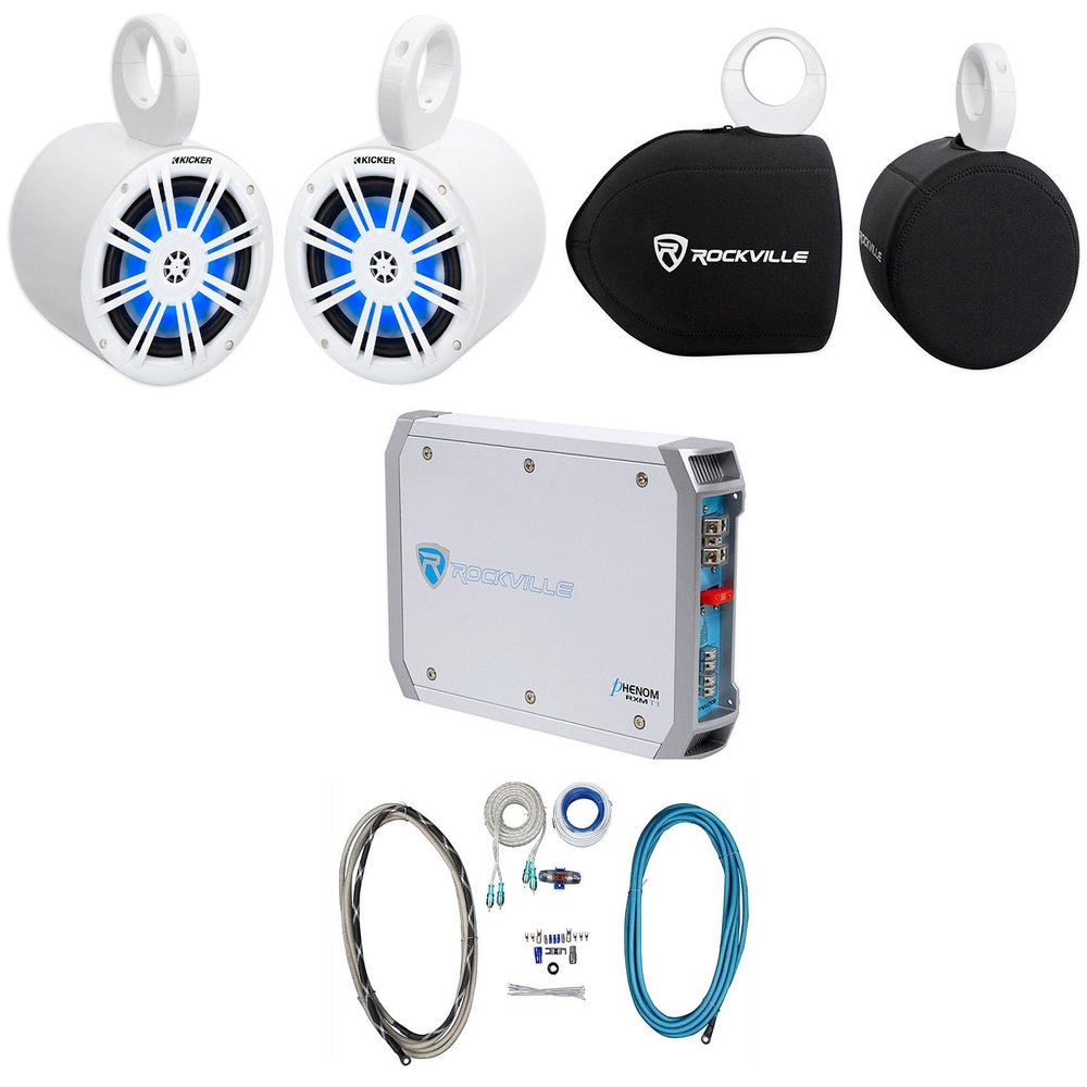 Audiosavings Bundle: (2) Kicker 51KM604WL Marine Speakers Bundle with (2) Rockville MAC65W Speaker Pod Enclosures & RMWK4 Marine Amp Wiring kit, (2) RWBC Neoprene Covers, RXM-T1 Marine Amp (8 Items)