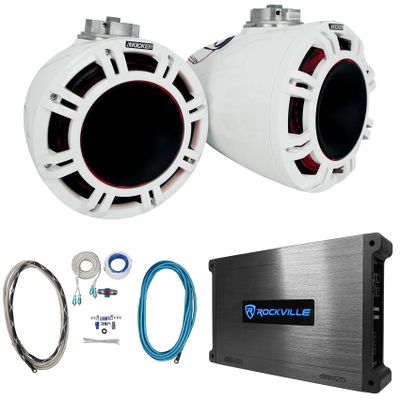 Audiosavings Bundle: Pair Kicker 47KMFC9W 9" Marine Tower Speakers Bundle with Rockville DBM25 1400 Watt Marine Amplifier & Rockville RMWK4 Marine Amplifier Install Wire Kit (4 Items)