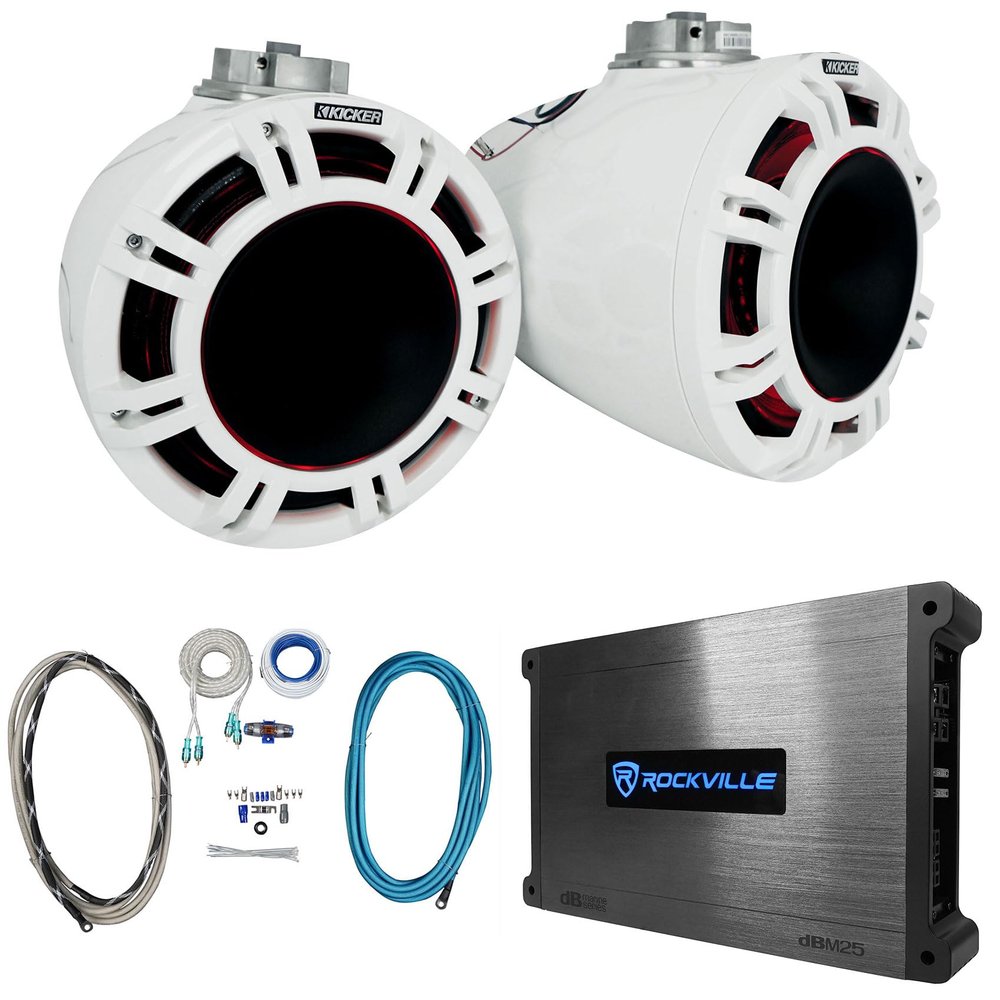Audiosavings Bundle: Pair Kicker 47KMFC9W 9" Marine Tower Speakers Bundle with Rockville DBM25 1400 Watt Marine Amplifier & Rockville RMWK4 Marine Amplifier Install Wire Kit (4 Items)