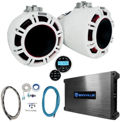 Audiosavings Bundle: Pair Kicker 47KMFC9W 9" Marine Tower Speakers Bundle with Rockville RGHR2 Marine Gauge Hole Receiver & Rockville DBM25 Marine Amp, Rockville RMWK4 Marine Amp Wiring kit (5 Items)