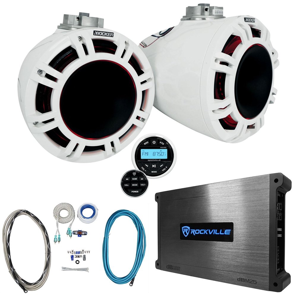 Audiosavings Bundle: Pair Kicker 47KMFC9W 9" Marine Tower Speakers Bundle with Rockville RGHR2 Marine Gauge Hole Receiver & Rockville DBM25 Marine Amp, Rockville RMWK4 Marine Amp Wiring kit (5 Items)