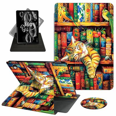 ACWDMKH for Amazon Fire Max 11 Tablet Case,(13th Generation, 2023 Release) 360 Degree Rotating Swivel PU Leather Stand Flip Folio Cover with Auto Wake/Sleep Case for Fire Max 11,Cute Cat Bookshelf