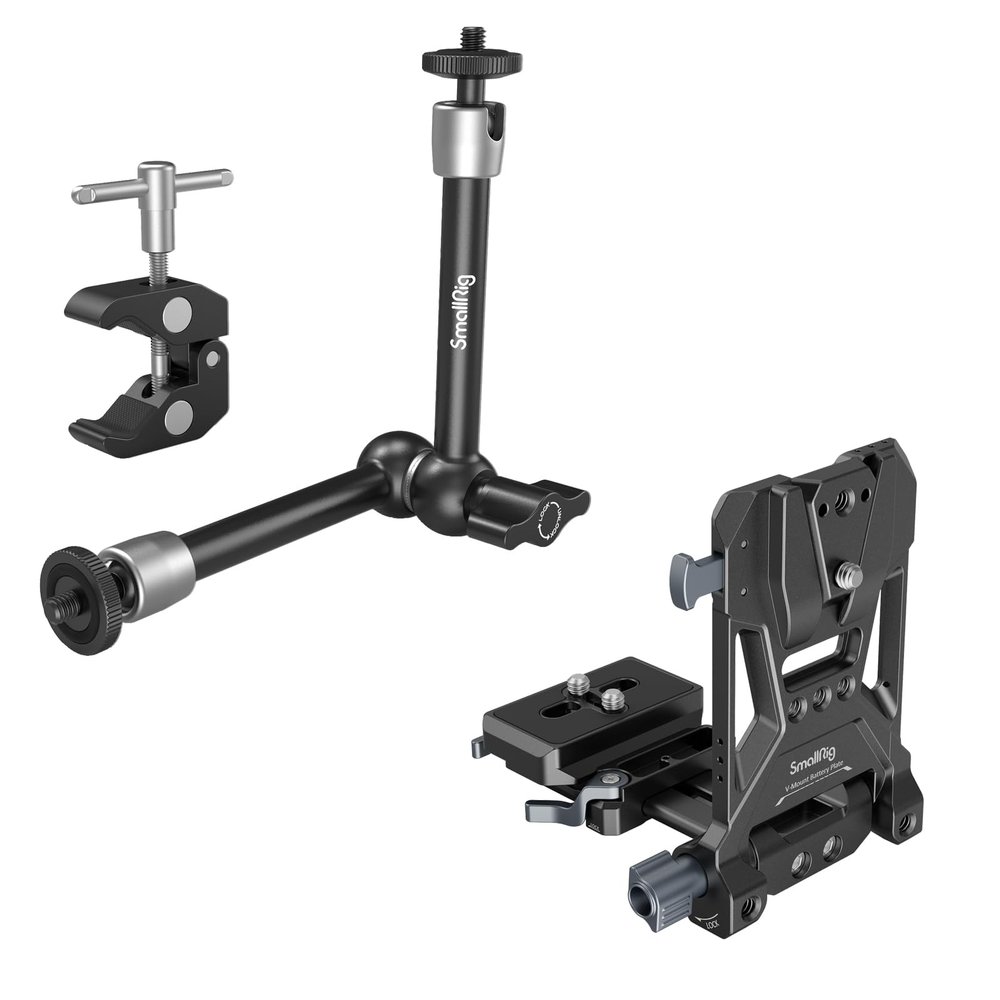 Bundle: SmallRig Clamp w/ 1/4" and 3/8" Thread and 9.8 Inches Adjustable Friction Power Articulating Magic Arm and SmallRig V Mount Battery Plate