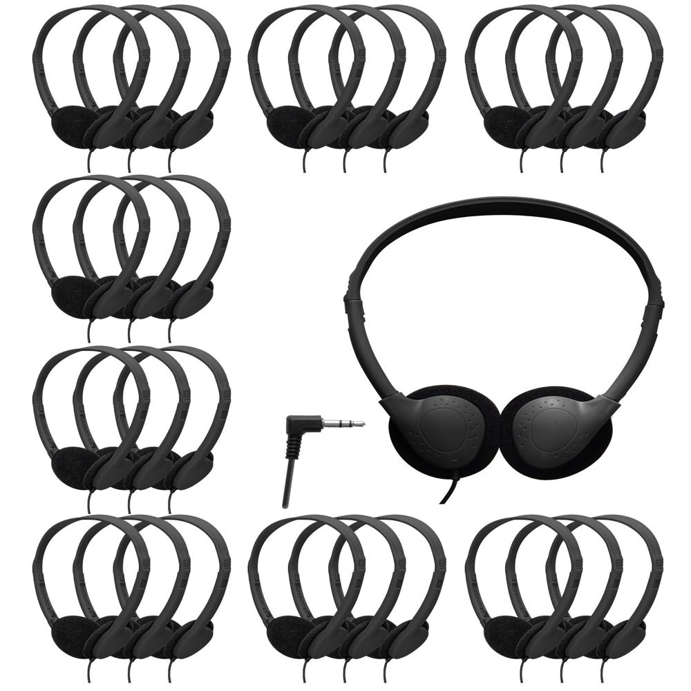 MNINEANDMORE 50 Pack Bulk Headphones for School Classroom, Adjustable On-Ear Headsets Wired Fit Kids to Adults, Wholesale Class Set Individually PackedBlack