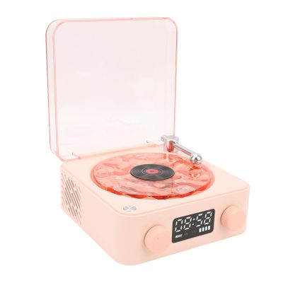 Record Player, 4 Modes Bluetooth Speaker, 2024 New Portable Vintage Turntable Speaker with Clock and Soft Night Light for Home, Bedroom, Party (Roseate)