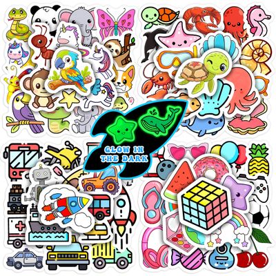 100 Pcs Glow in The Dark Cute Water Bottle Stickers for Kids, Cartoon Mixed Animals Laptop Decals, Waterproof Vinyl Skateboard Phone Case Scrapbook Stationery Box Decorative Sticker