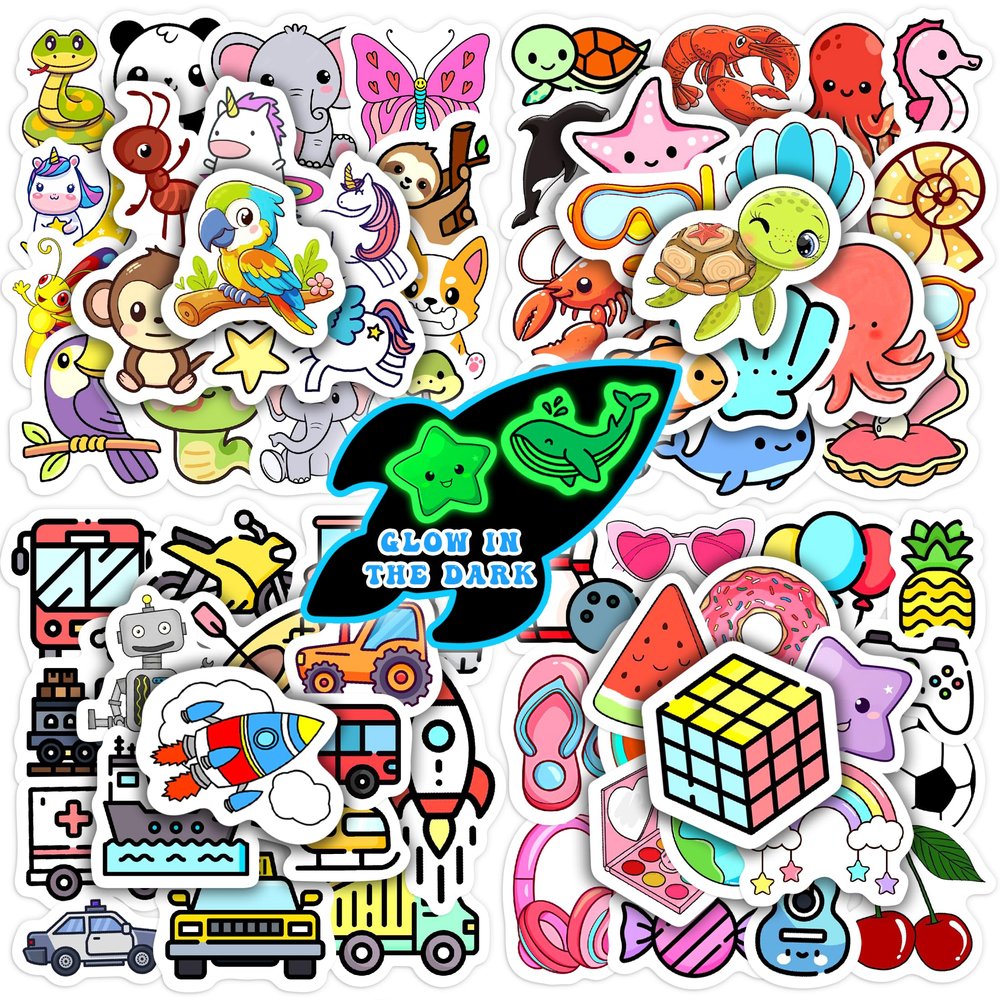 100 Pcs Glow in The Dark Cute Water Bottle Stickers for Kids, Cartoon Mixed Animals Laptop Decals, Waterproof Vinyl Skateboard Phone Case Scrapbook Stationery Box Decorative Sticker