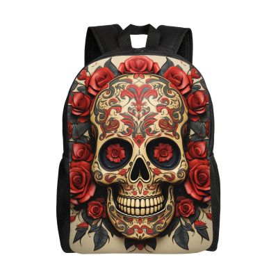 DJUETRUI Backpack for Men Women Lightweight Travel Backpack Red rose sugar skull Carry On Backpack Laptop Backpack Casual Daypack