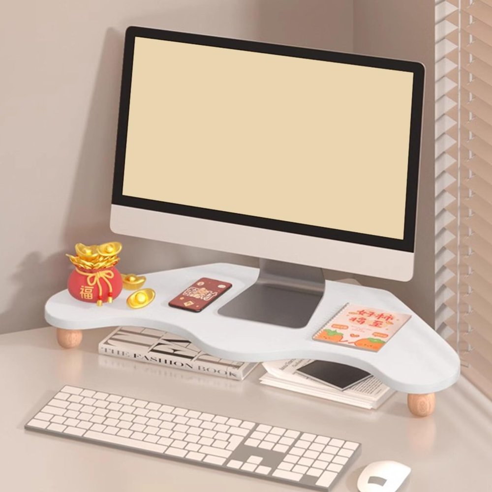 WhamtL Corner Monitor Stand Wooden, Cute Shape Universal Laptop Computer Riser, Office Desk Display Shelf Organizer, Monitor Screen Storage Rack(White)