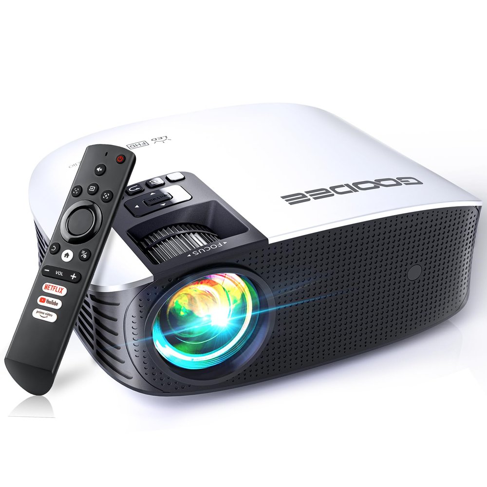 GooDee Smart 4K Projector with 5G WIFI and Bluetooth, Built-in Apps, Dolby Audio, 800ANSI Outdoor Projector, 400" Zoom Home Theater Projector Compatible with TV Stick,iOS,Android