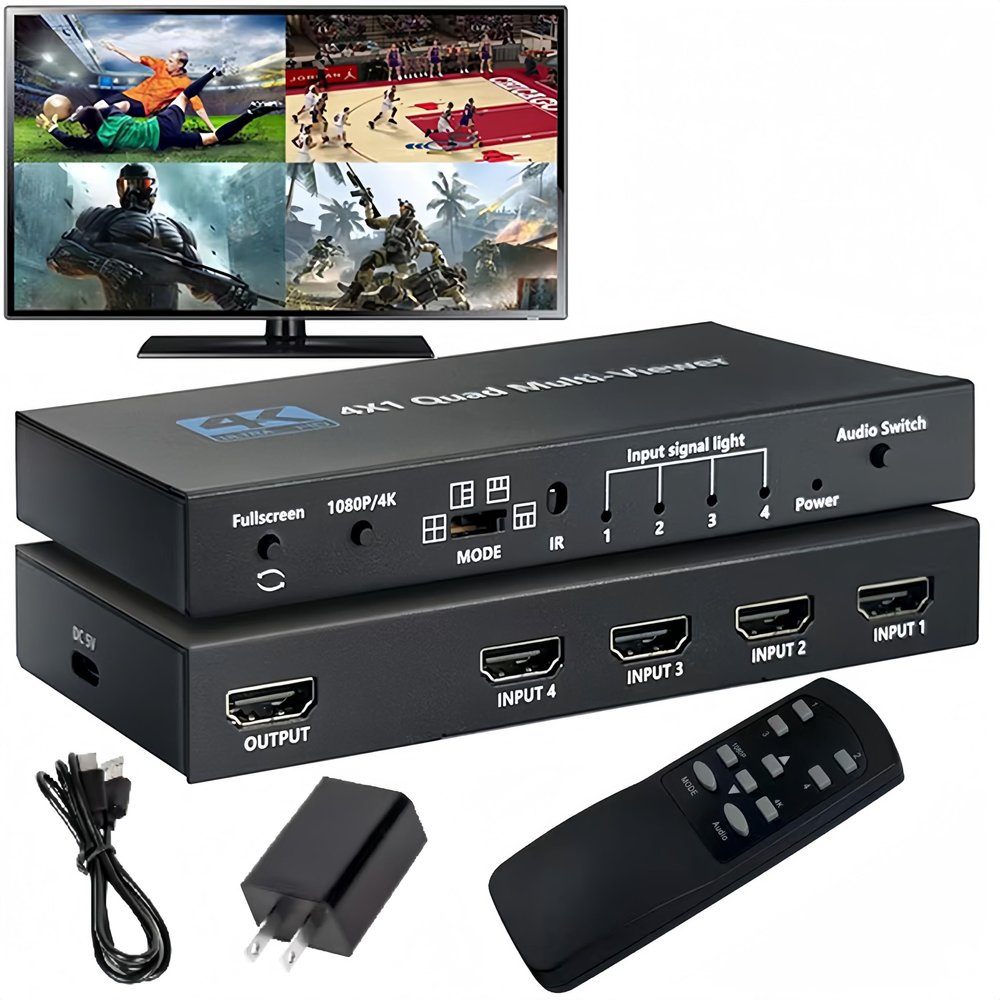4K HDMI Multiviewer 4X1 with IR Remote SIGRAPID Screen Divider 4 HDMI in 1 Out Seamless Switch 1 4 Way Display Supports 4K@60Hz(YUV)/4K@30Hz(RGB)/1080P Full HD HDCP1.4 5 View Modes 11 22 13 etc.