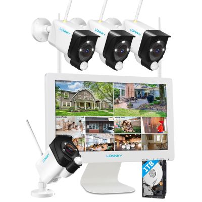 LONNKY Wireless Security Camera System Outdoor with 15.6" Monitor, 4Pc Security Cameras, Color Night Vision, Auto Tracking, 8CH Expandable