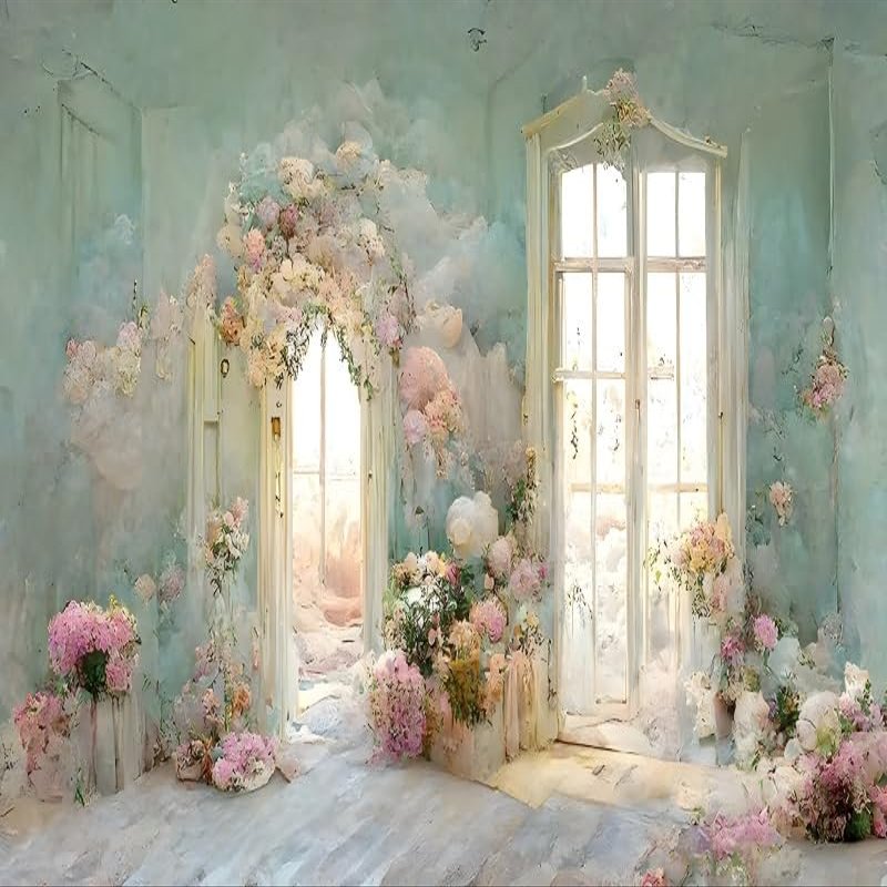 15x10ft Oil Painting Backdrop European Style Arched Door French Window Photography Background Colorful Floral Backdrop Blue Green Painting Wall Background Birthday Wedding Party Photo Shot Props