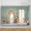 15x10ft Oil Painting Backdrop European Style Arched Door French Window Photography Background Colorful Floral Backdrop Blue Green Painting Wall Background Birthday Wedding Party Photo Shot Props view 2