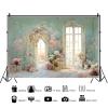 15x10ft Oil Painting Backdrop European Style Arched Door French Window Photography Background Colorful Floral Backdrop Blue Green Painting Wall Background Birthday Wedding Party Photo Shot Props view 3